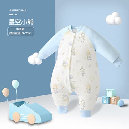 阳阳韩韩婴儿睡袋秋冬夹棉宝宝加厚防踢被新生儿连体多功能长袖拉链式睡衣 星空小熊【中厚款】裆部扣子全开 100码【推荐身高85cm-100cm】 - 商品图1